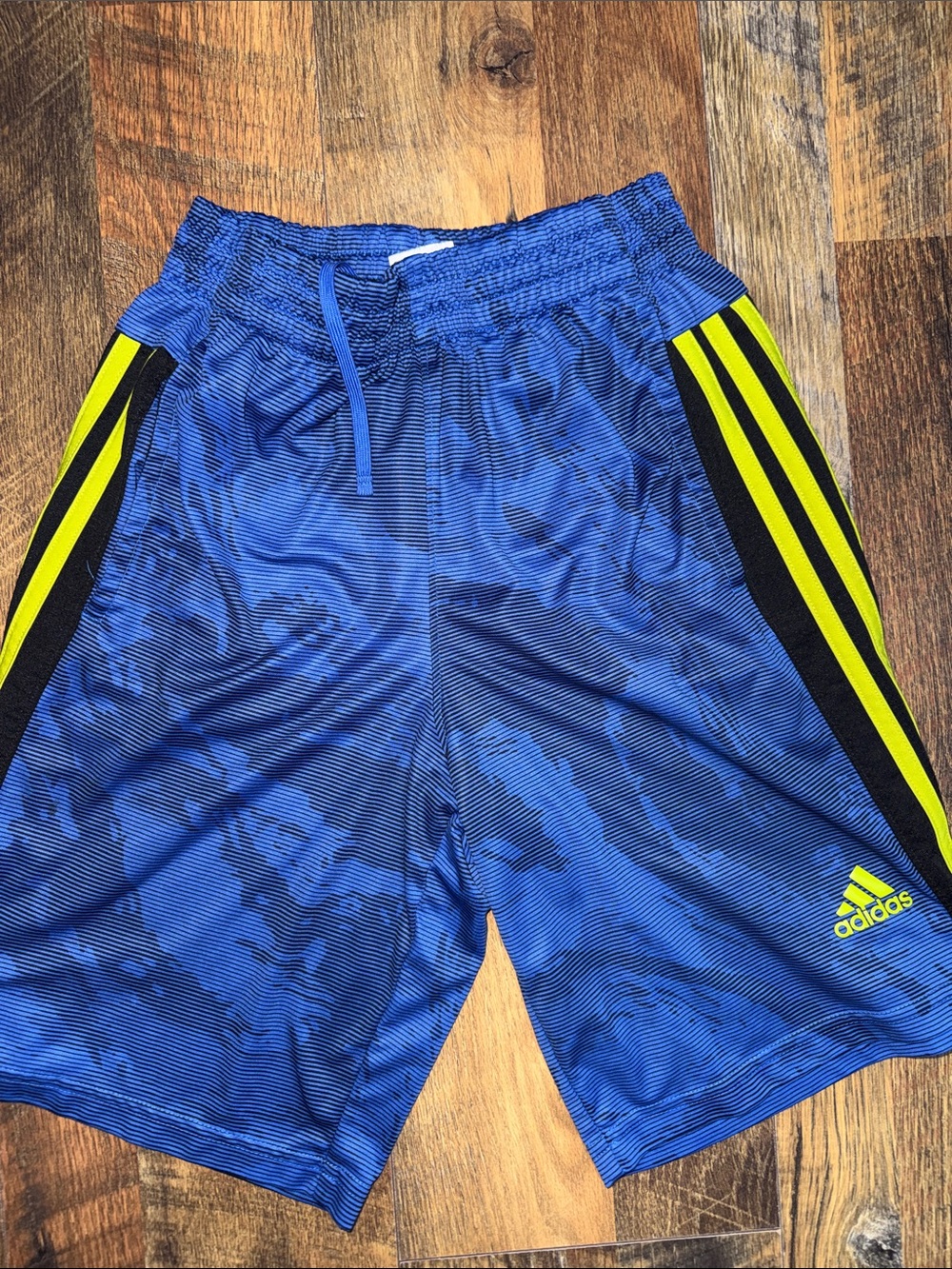 adidas Blue Athletic Shorts with Yellow Stripes